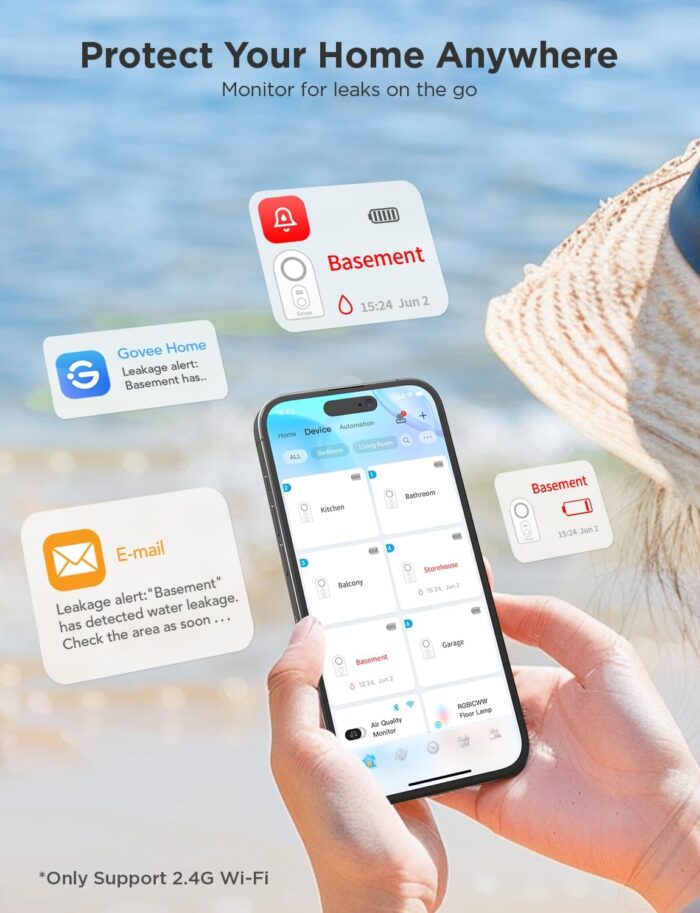 Govee WiFi Water Sensor 3 Pack, Smart Water Leak Detector, 100dB Adjustable Alarm Suit for Home and Basement, Water Leak Alert with Email & APP Push - Image 2