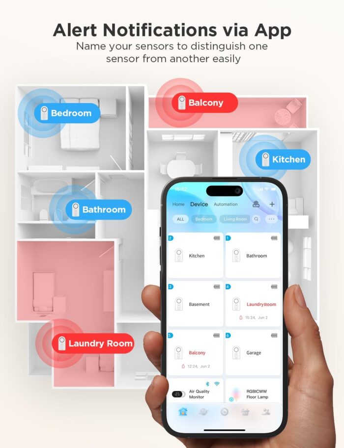 Govee WiFi Water Sensor 2 Pack, 100dB Adjustable Alarm and App Notifications, Leak and Drip Alerts by Email, Detector for Home, Bedrooms, Basement, Kitchen, Bathroom, Laundry(Not Support 5G WiFi) - Image 4