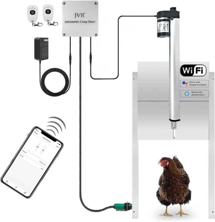 JVR Automatic Chicken Coop Smart Door Compatible with Alexa, Google Assistant, Home Assistant - WiFi Electric Opener, Auto Sunrise/Sunset Dusk to Dawn Chicken Coop Doors, Chicken Coop Accessories