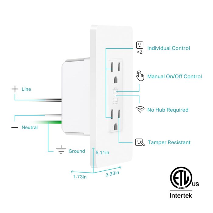 Kasa Smart Plug KP200, In-Wall Smart Home Wi-Fi Outlet Works with Alexa, Google Home & IFTTT, No Hub Required, Remote Control, ETL Certified , White, 1 Pack - Image 8