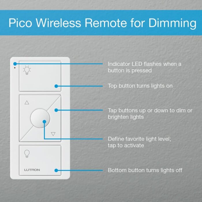 Lutron Pico Remote for Caseta Smart Dimmer Switch, 3-Button Control with Raise/Lower and Preset Lighting Level, For Table Top or Wallmount Use, PJ2-3BRL-WH-L01R, White - Image 6