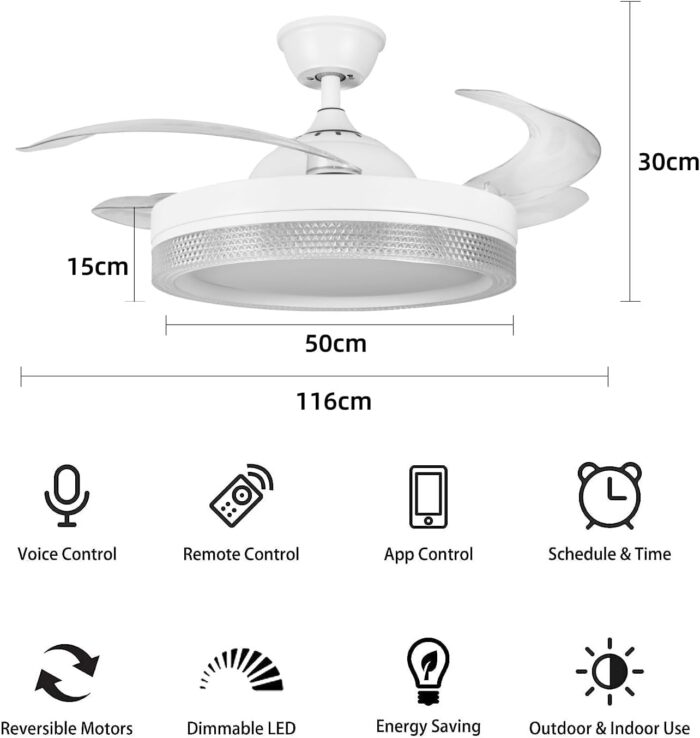 HOREVO Retractable Ceiling Fans with Lights and Bluetooth Speaker 42 Inch Fandelier Invisible Blades Chandelier Fan Color Changing Dimmable Hidden Bluetooth Ceiling Fan with Lights with Remote - Image 6