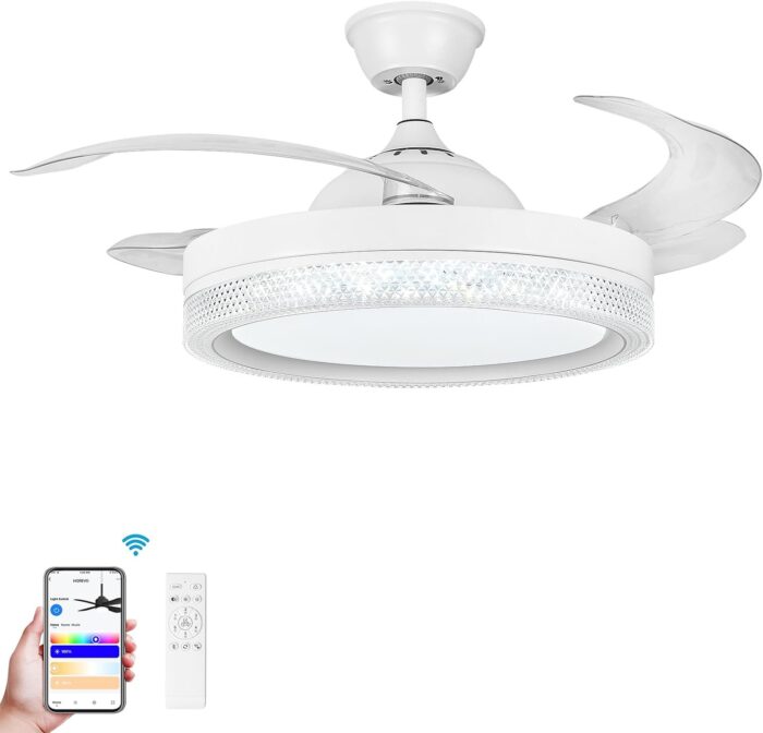 HOREVO Retractable Ceiling Fans with Lights and Bluetooth Speaker 42 Inch Fandelier Invisible Blades Chandelier Fan Color Changing Dimmable Hidden Bluetooth Ceiling Fan with Lights with Remote