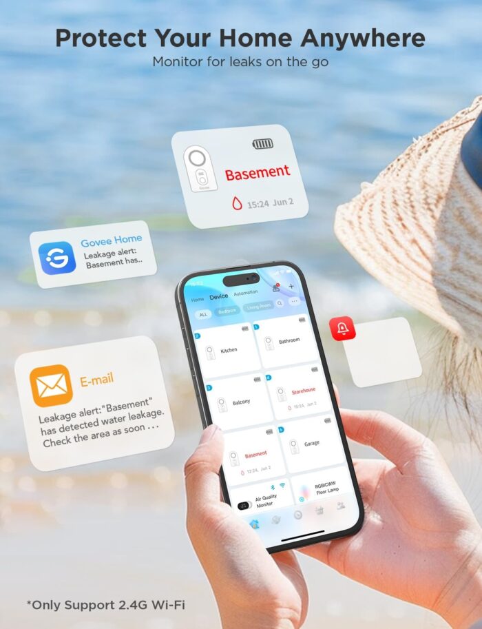 Govee WiFi Water Sensor 2 Pack, 100dB Adjustable Alarm and App Notifications, Leak and Drip Alerts by Email, Detector for Home, Bedrooms, Basement, Kitchen, Bathroom, Laundry(Not Support 5G WiFi) - Image 2