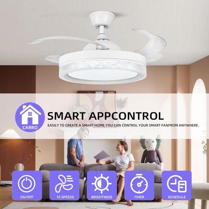 HOREVO Retractable Ceiling Fans with Lights and Bluetooth Speaker 42 Inch Fandelier Invisible Blades Chandelier Fan Color Changing Dimmable Hidden Bluetooth Ceiling Fan with Lights with Remote - Image 3