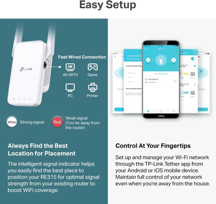 TP-Link AC1200 WiFi Extender, 2024 Wirecutter Best WiFi Extender, 1.2Gbps home signal booster, Dual Band 5GHz/2.4GHz, Covers Up to 1500 Sq.ft and 30 Devices ,support Onemesh, One Ethernet Port (RE315) - Image 7