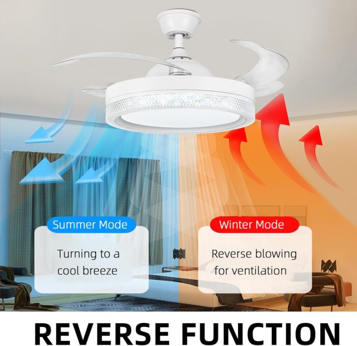 HOREVO Retractable Ceiling Fans with Lights and Bluetooth Speaker 42 Inch Fandelier Invisible Blades Chandelier Fan Color Changing Dimmable Hidden Bluetooth Ceiling Fan with Lights with Remote - Image 7
