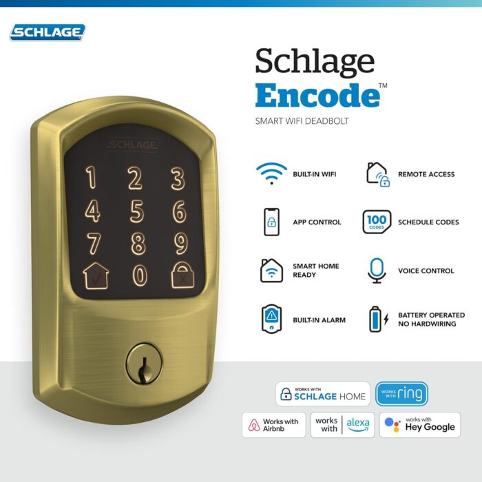 Schlage Encode Smart WiFi Deadbolt Lock for Front Door - Keyless Entry with App or Touchscreen - Works with Alexa, Apple HomeKit, Hey Google, & Airbnb - Create Codes for Guests - Satin Brass Gold - Image 2