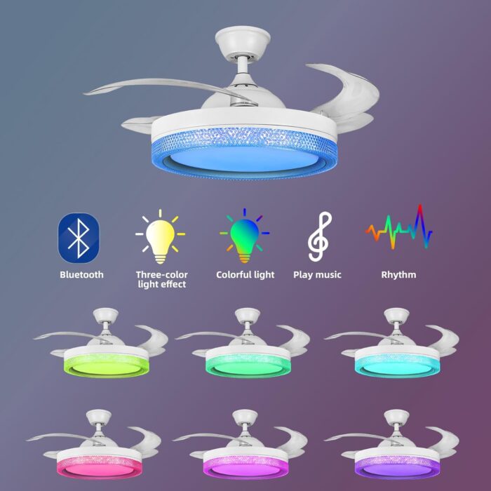 HOREVO Retractable Ceiling Fans with Lights and Bluetooth Speaker 42 Inch Fandelier Invisible Blades Chandelier Fan Color Changing Dimmable Hidden Bluetooth Ceiling Fan with Lights with Remote - Image 2