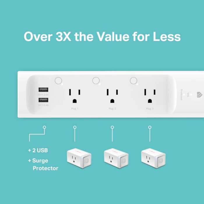 Kasa Smart Plug Power Strip KP303, Surge Protector with 3 Individually Controlled Smart Outlets and 2 USB Ports, Works with Alexa & Google Home, No Hub Required , White - Image 6