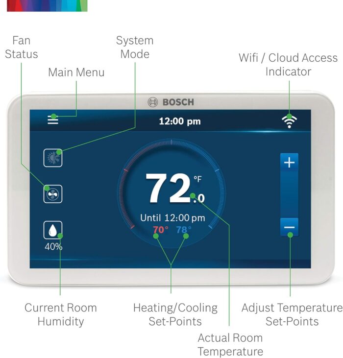 Bosch Large 5-Inch Full-Color Touch Screen Sleek Easy Setup Connected Control Smart Phone Wi-Fi Thermostat for 24V HVAC Systems with Bosch Connected Control App - Image 5