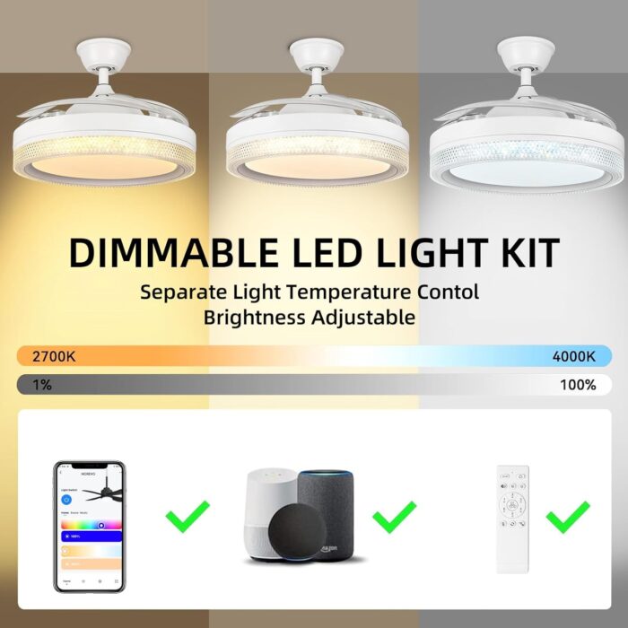 HOREVO Retractable Ceiling Fans with Lights and Bluetooth Speaker 42 Inch Fandelier Invisible Blades Chandelier Fan Color Changing Dimmable Hidden Bluetooth Ceiling Fan with Lights with Remote - Image 4