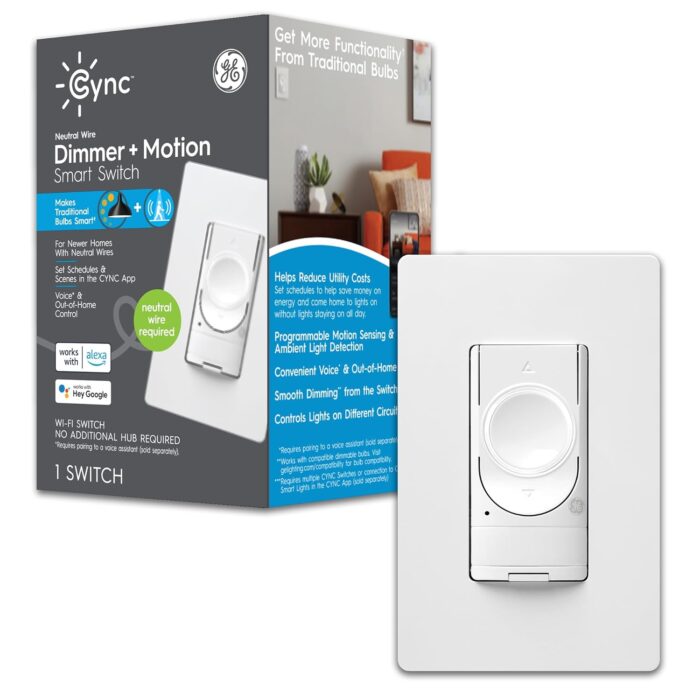 Cync GE Smart Light Dimmer Switch & Motion Sensor, Neutral Wire Required Light Switch, 2.4 GHz WiFi Works with Amazon Alexa and Google Home, White