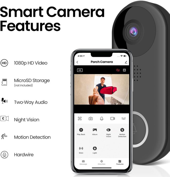 Feit Electric Doorbell Camera, 2.4 GHz WiFi, No Hub, Two-Way Audio, Motion Detection, Night Vision, 1080p HD, Micro SD Card Storage, Wireless Chime Included, Hardwired, CAM/Door/WiFi - Image 2