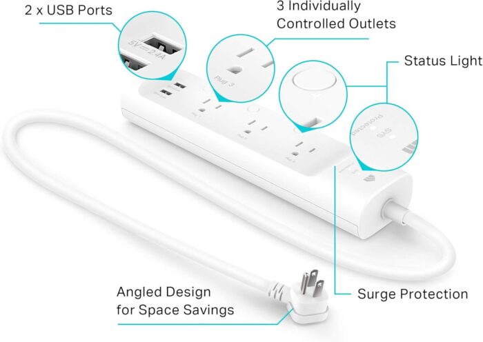 Kasa Smart Plug Power Strip KP303, Surge Protector with 3 Individually Controlled Smart Outlets and 2 USB Ports, Works with Alexa & Google Home, No Hub Required , White - Image 3