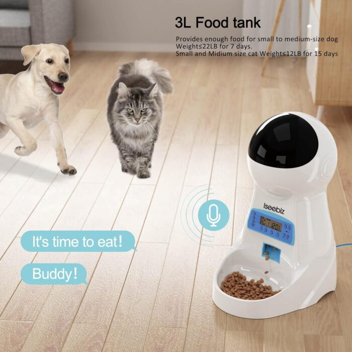 Automatic Cat Feeder, 101oz/3L Timed Cat Feeder for Dry Food with Anti-Clog Design, Up to 4 Meals with Portion Control, Dual Power Supply &10s Voice Recorder for Small Medium Cats Dogs - Image 6