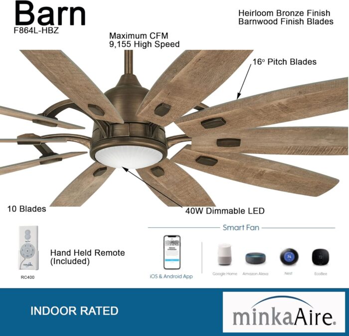 MINKA-AIRE F864L-HBZ Barn 65 Ceiling Fan with LED Light and DC Motor, Brown Heirloom Bronze Finish - Image 2
