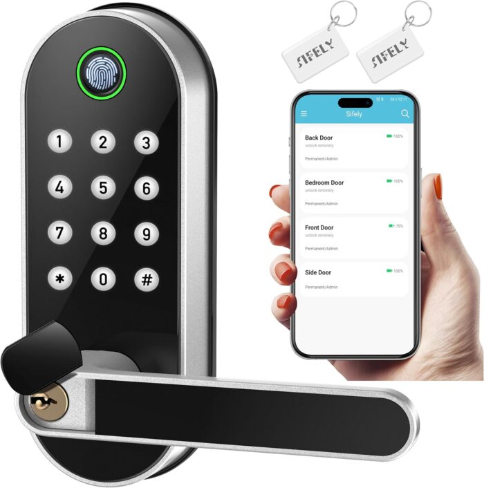 Keyless-Entry Fingerprint Smart Door Lock: Sifely Digital Electronic Lock with Code Passcode, Electric Door Knob, Biometric Door Handle Lock, Perfect for Exterior/Interior/Entry/Bedroom Doors (Silver)