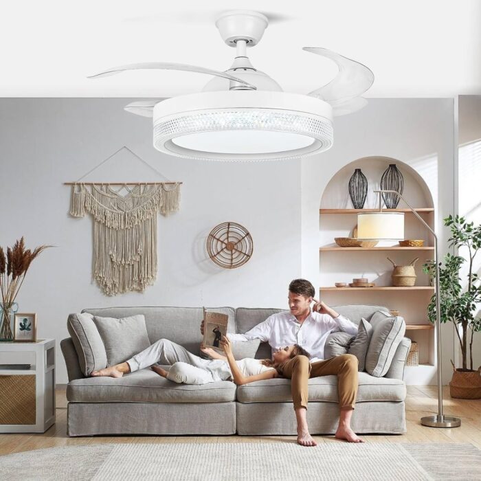 HOREVO Retractable Ceiling Fans with Lights and Bluetooth Speaker 42 Inch Fandelier Invisible Blades Chandelier Fan Color Changing Dimmable Hidden Bluetooth Ceiling Fan with Lights with Remote - Image 9