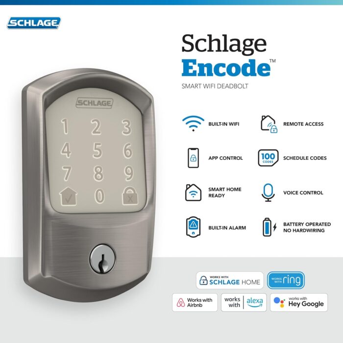 Schlage Encode Smart WiFi Deadbolt Lock for Front Door - Keyless Entry with App or Touchscreen - Works with Alexa, Apple HomeKit, Hey Google, & Airbnb - Create Codes for Guests - Satin Nickel Silver - Image 2