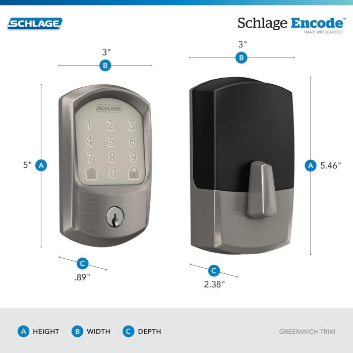 Schlage Encode Smart WiFi Deadbolt Lock for Front Door - Keyless Entry with App or Touchscreen - Works with Alexa, Apple HomeKit, Hey Google, & Airbnb - Create Codes for Guests - Satin Nickel Silver - Image 3