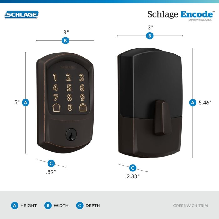 SCHLAGE BE489WB GRW 716 Encode WiFi Deadbolt Smart Lock, Keyless Entry Touchscreen Door Lock with Greenwich Trim, Aged Bronze - Image 3