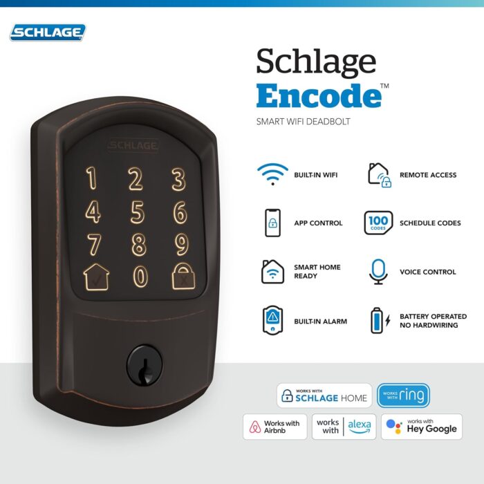 SCHLAGE BE489WB GRW 716 Encode WiFi Deadbolt Smart Lock, Keyless Entry Touchscreen Door Lock with Greenwich Trim, Aged Bronze - Image 2