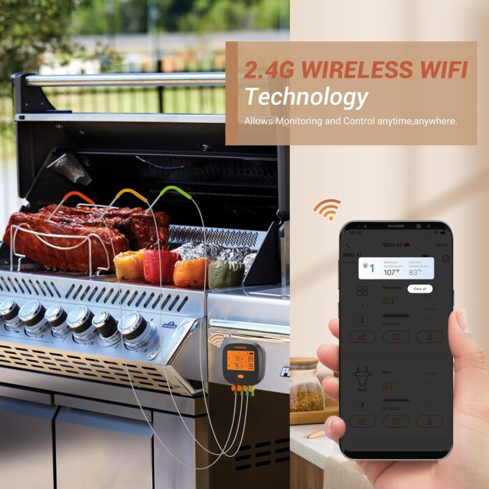 Inkbird WiFi Meat Thermometer IBBQ-4T, Wireless WiFi BBQ Thermometer for Smoker, Oven | APP Calibration Temp Graph | Mobile Notification Timer Alarm | Rechargeable Digital Grill Thermometer, 4 Probes - Image 2