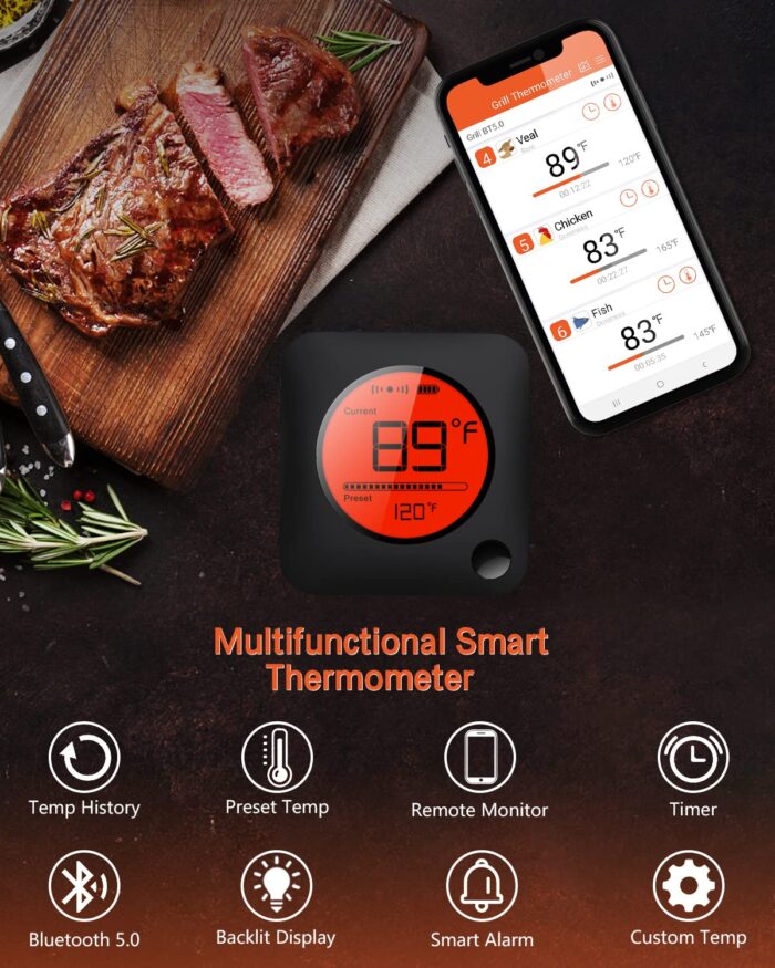 BFOUR Bluetooth Meat Thermometer Wireless Meat Thermometer, Wireless Digital Grill Thermometer with 6 Temperature Probes, Large LCD Display, Bluetooth Thermometer for Grill, Smoker, Oven and BBQ - Image 3