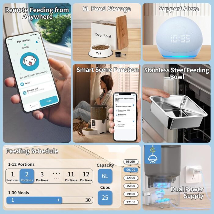 Smart Automatic Cat Feeders: WiFi Pet Feeder with APP Control for Remote Feeding, Detachable for Easy Clean, Automatic Cat Food Dispenser with Alexa,1-30 Meals Per Day for Dog (6L/25Cup) - Image 2