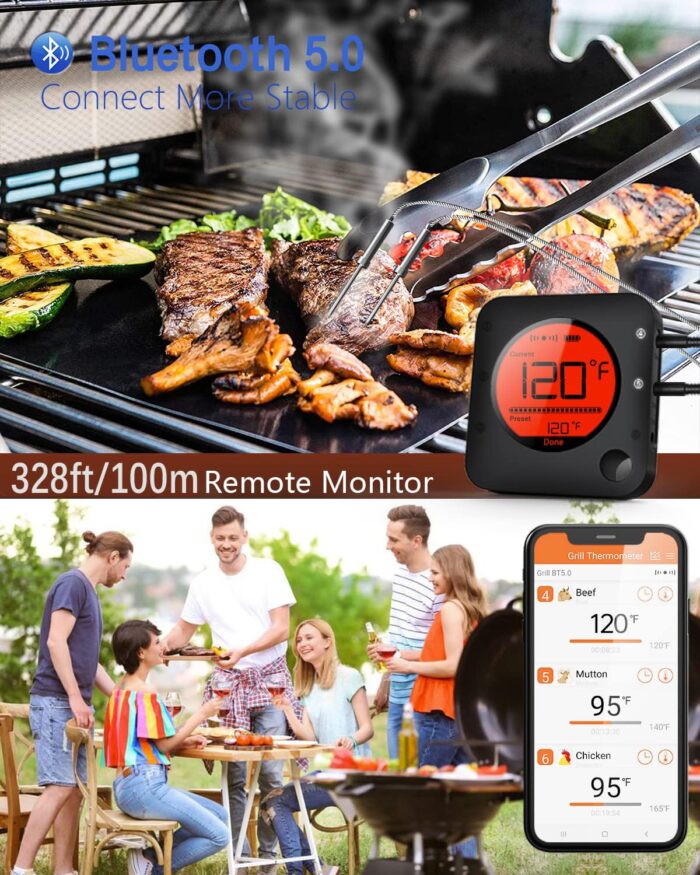 BFOUR Bluetooth Meat Thermometer Wireless Meat Thermometer, Wireless Digital Grill Thermometer with 6 Temperature Probes, Large LCD Display, Bluetooth Thermometer for Grill, Smoker, Oven and BBQ - Image 2
