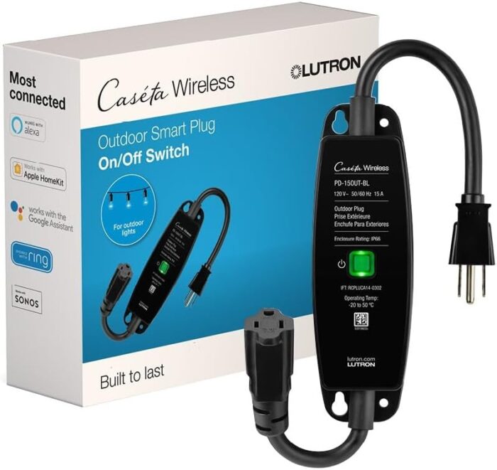 Lutron Outdoor Smart Plug For Caseta Smart Lighting, for Summer Lights, Patio Lights, Backyard Lights, Outdoor Lights, and Motors, 15A LED Fixtures & 1/2 HP Motors, PD-15OUT-BL, Black​