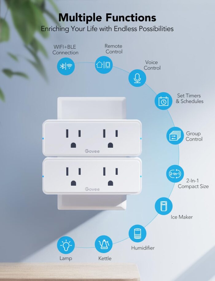Govee Dual Smart Plug 4 Pack, 15A WiFi Bluetooth Outlet, Work with Alexa and Google Assistant, 2-in-1 Compact Design, Govee Home App Control Remotely with No Hub Required, Timer, FCC and ETL Certified - Image 5