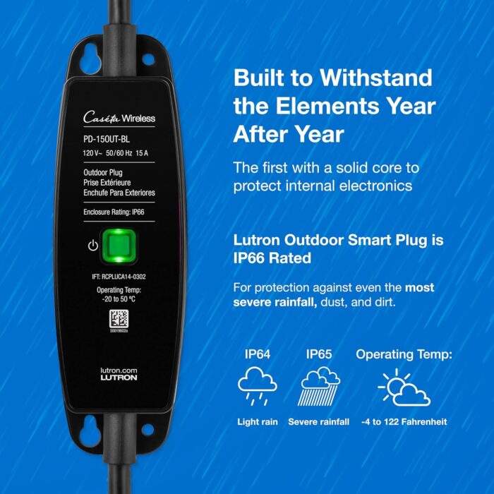 Lutron Outdoor Smart Plug For Caseta Smart Lighting, for Summer Lights, Patio Lights, Backyard Lights, Outdoor Lights, and Motors, 15A LED Fixtures & 1/2 HP Motors, PD-15OUT-BL, Black​ - Image 7