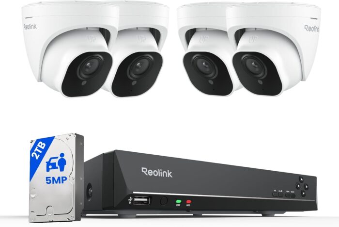 REOLINK Smart 5MP 8CH Home Security Camera System, 4pcs Wired PoE IP Cameras Outdoor with Person/Pet/Vehicle Detection, 4K 8CH NVR with 2TB HDD for 24-7 Recording, RLK8-520D4-5MP