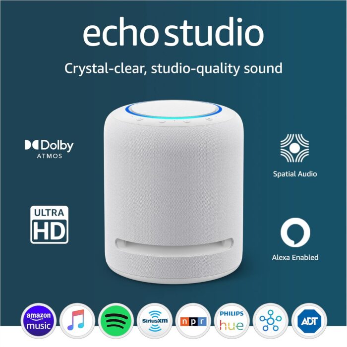 Amazon Echo Studio (newest model), Our best-sounding Alexa speaker, Perfect for living rooms, family rooms, and other large spaces, Glacier White